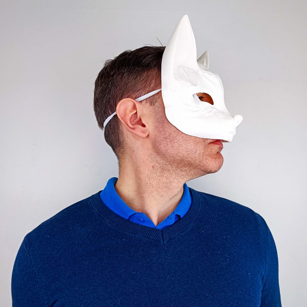 Product detail view of 3D Printed Japanese Kitsune Fox Mask.