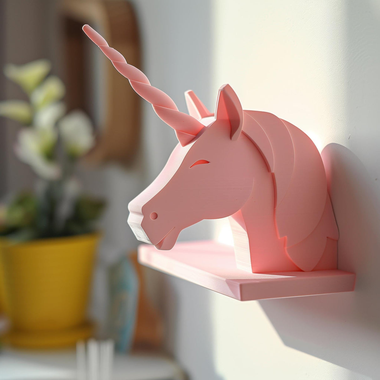 3D printed wall shelf shaped like a minimalist pastel unicorn head with a twisted horn and matte PLA surface.