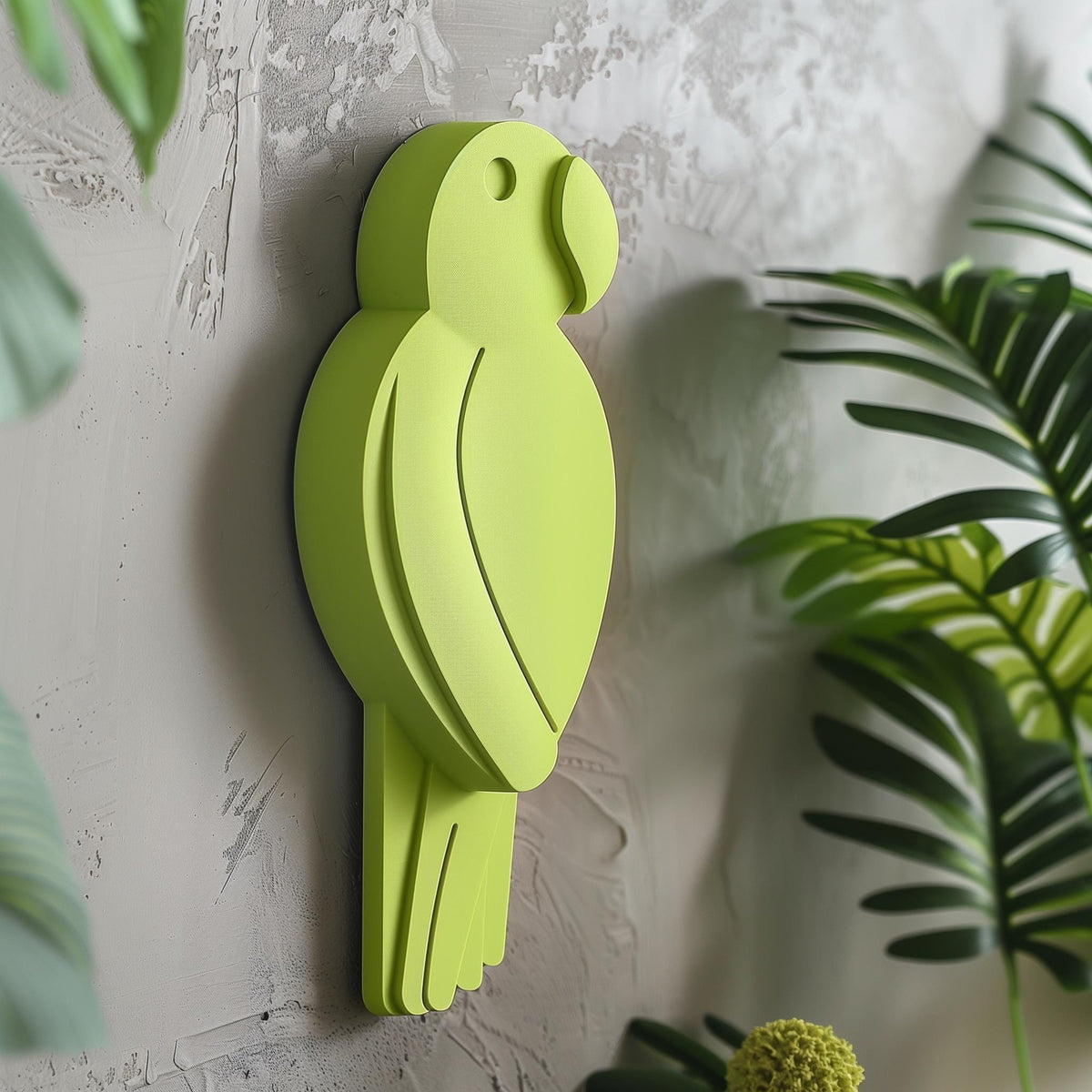 3D printed wall decor shaped like a minimalist parrot silhouette in a bold green color.