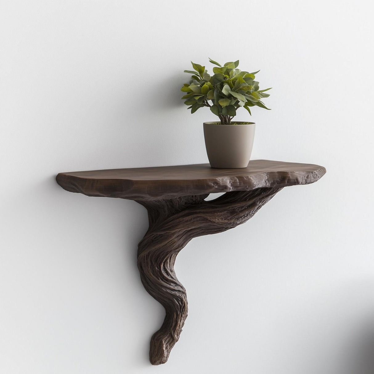 Product presentation view of 3D Printed Twisted Root Wall Shelf.