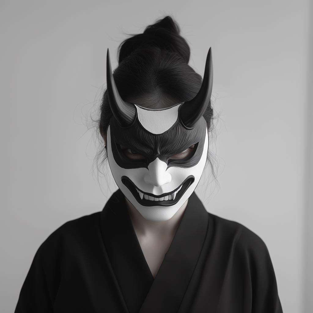 Alternate product presentation of 3D Printed Japanese Oni Samurai Mask.