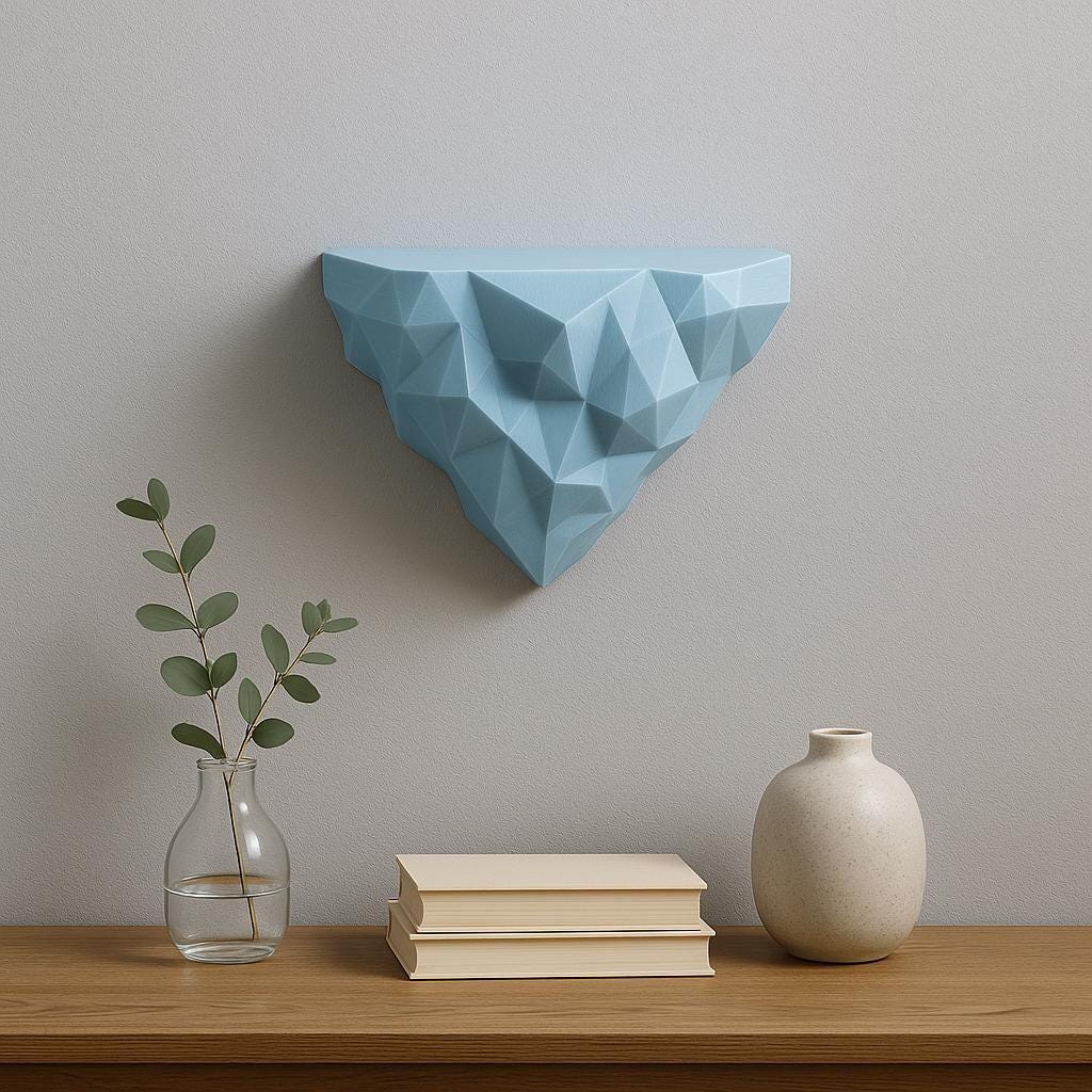 Geometric 3D printed blue wall shelf with a polygonal faceted design.