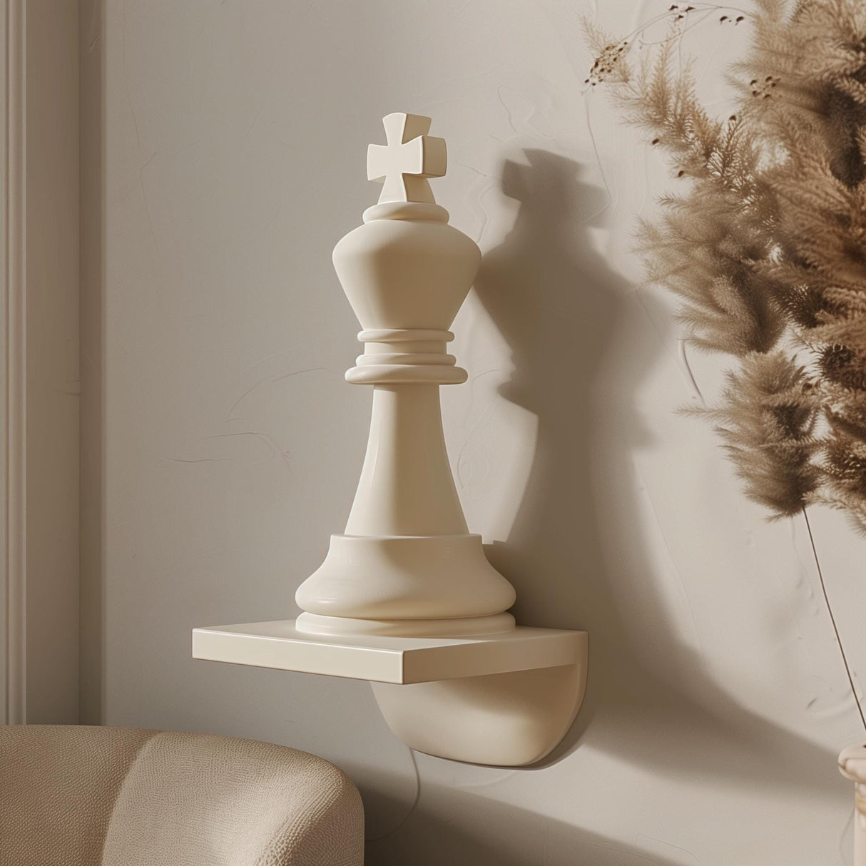 3D printed wall decor shaped like a King chess piece, minimalist modern design made from matte PLA plastic.