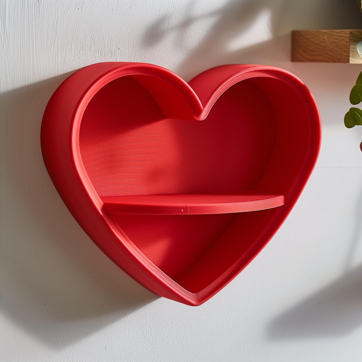 Matte red 3D printed heart-shaped wall shelf mounted on a white wall.