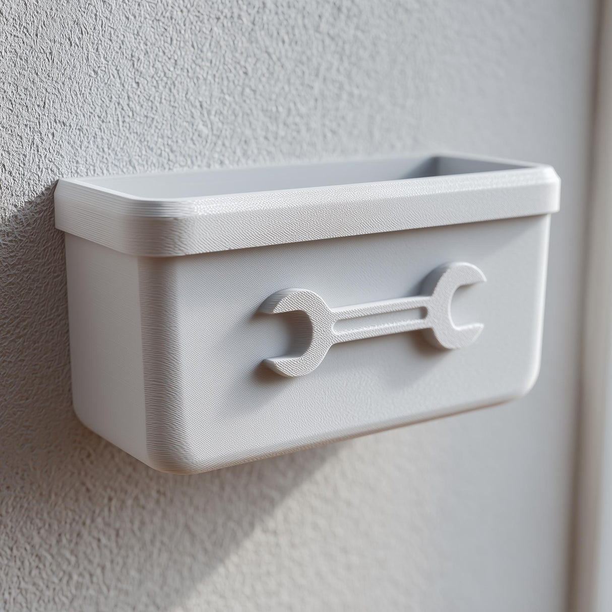 3D printed wall-mounted organizer bin with an embossed wrench icon.