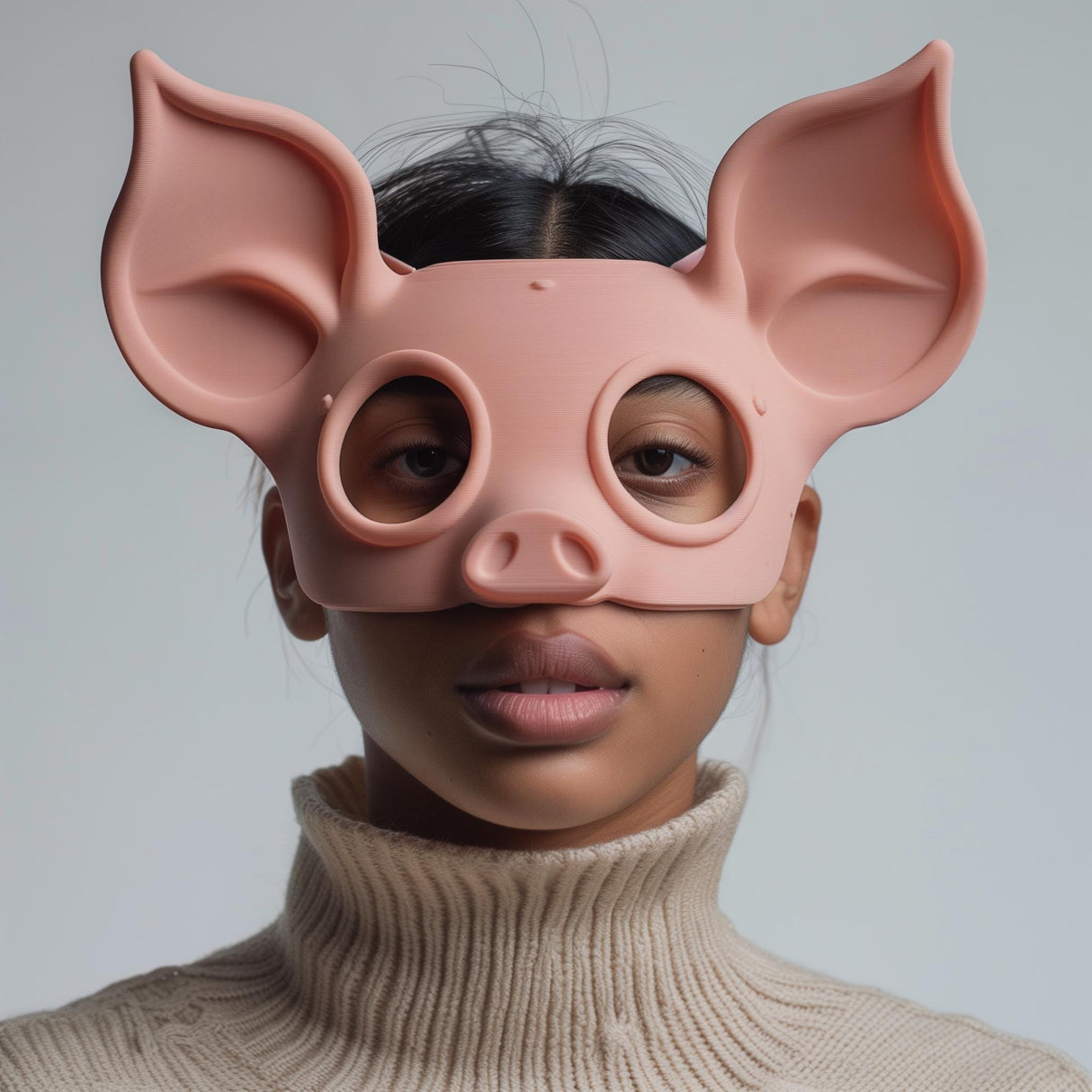 3D printed pig face mask with soft rounded design and large ears, worn by an adult model indoors.