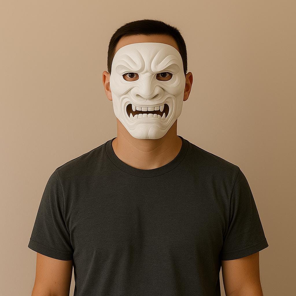 Product presentation view of 3D Printed Oni Samurai Mask.