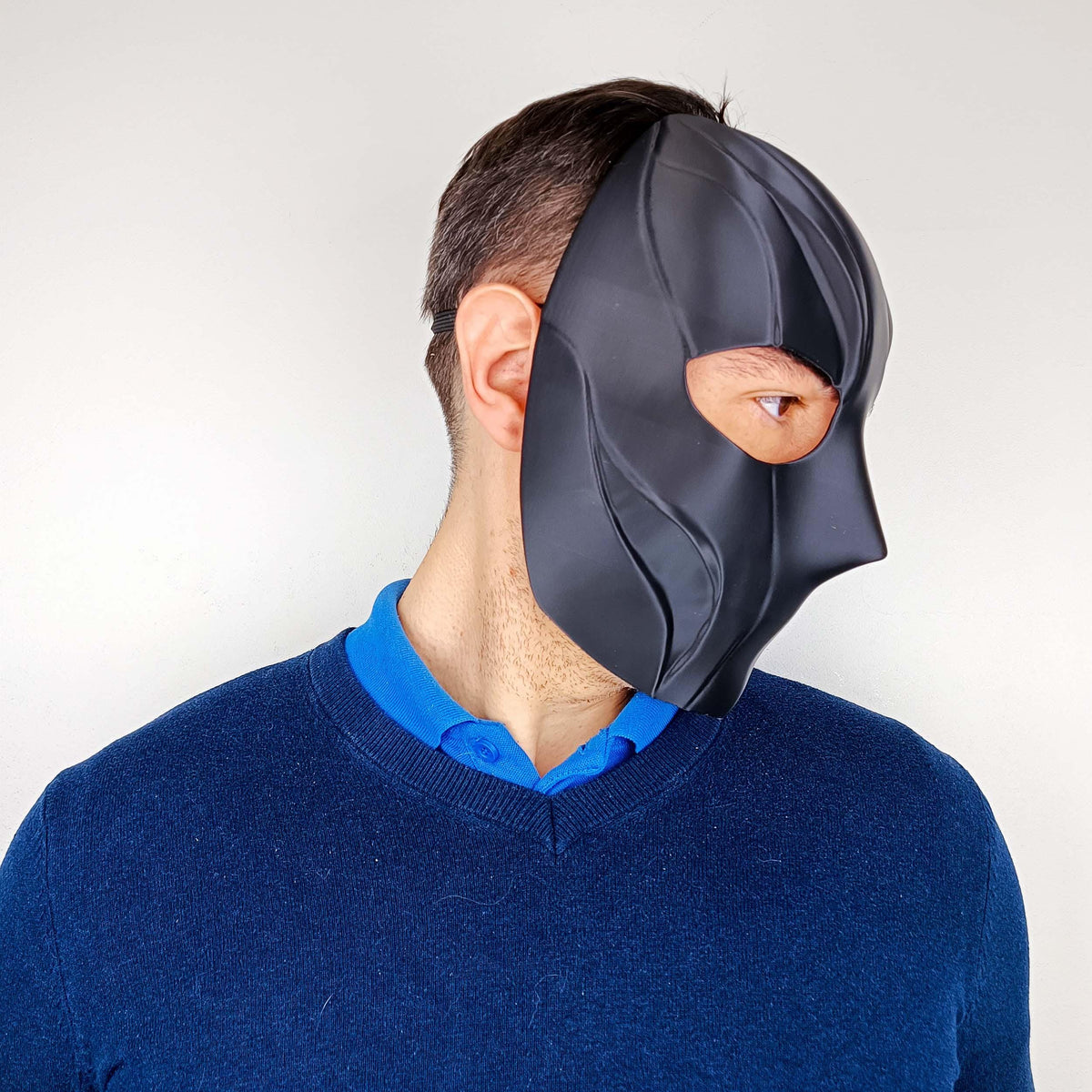 Alternate product presentation of 3D Printed Black Tactical Full Face Mask.
