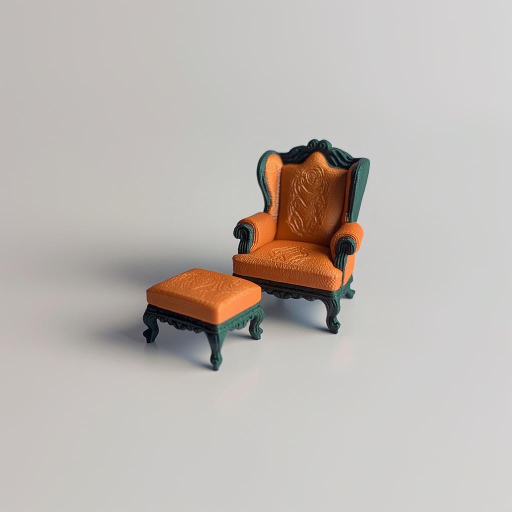 Additional product presentation of 3D Printed 1:12 Baroque Chair and Ottoman.
