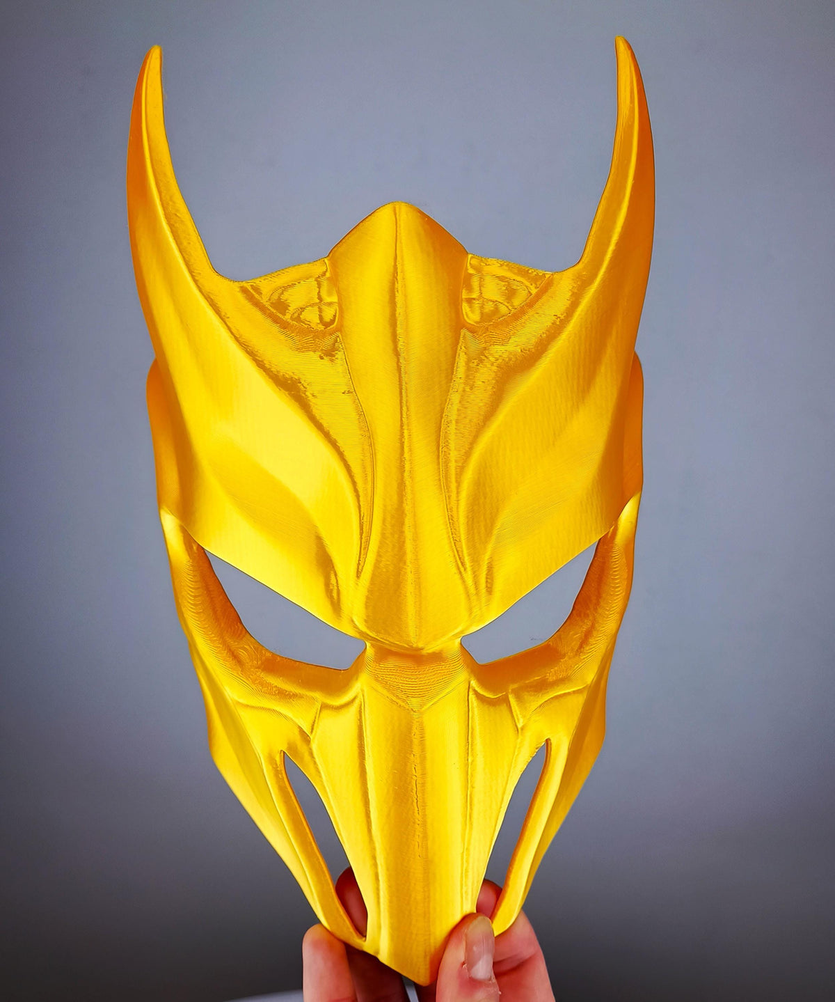 Product presentation view of 3D Printed Samurai Demon Warrior Mask.