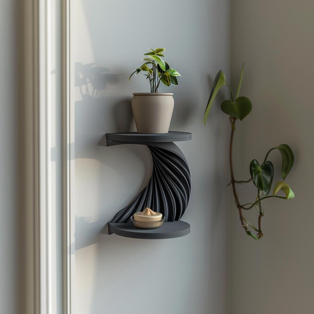 Product gallery view of 3D Printed Double-Tier Spiral Wall Shelf.