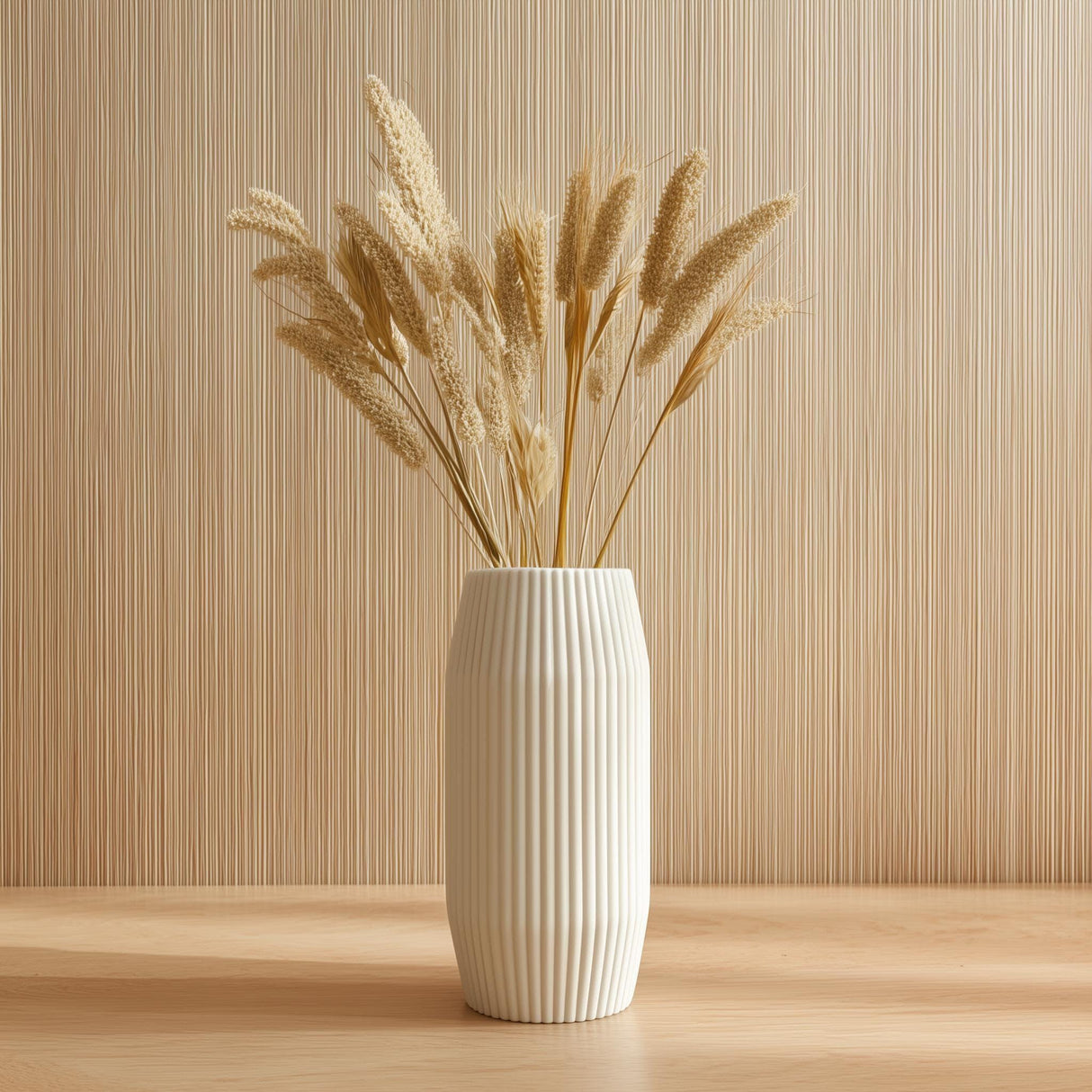 White 3D printed ribbed vase with vertical texture, holding dried grasses.