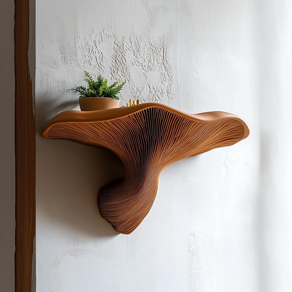 Additional product presentation of 3D Printed Fungi Wall Shelf.