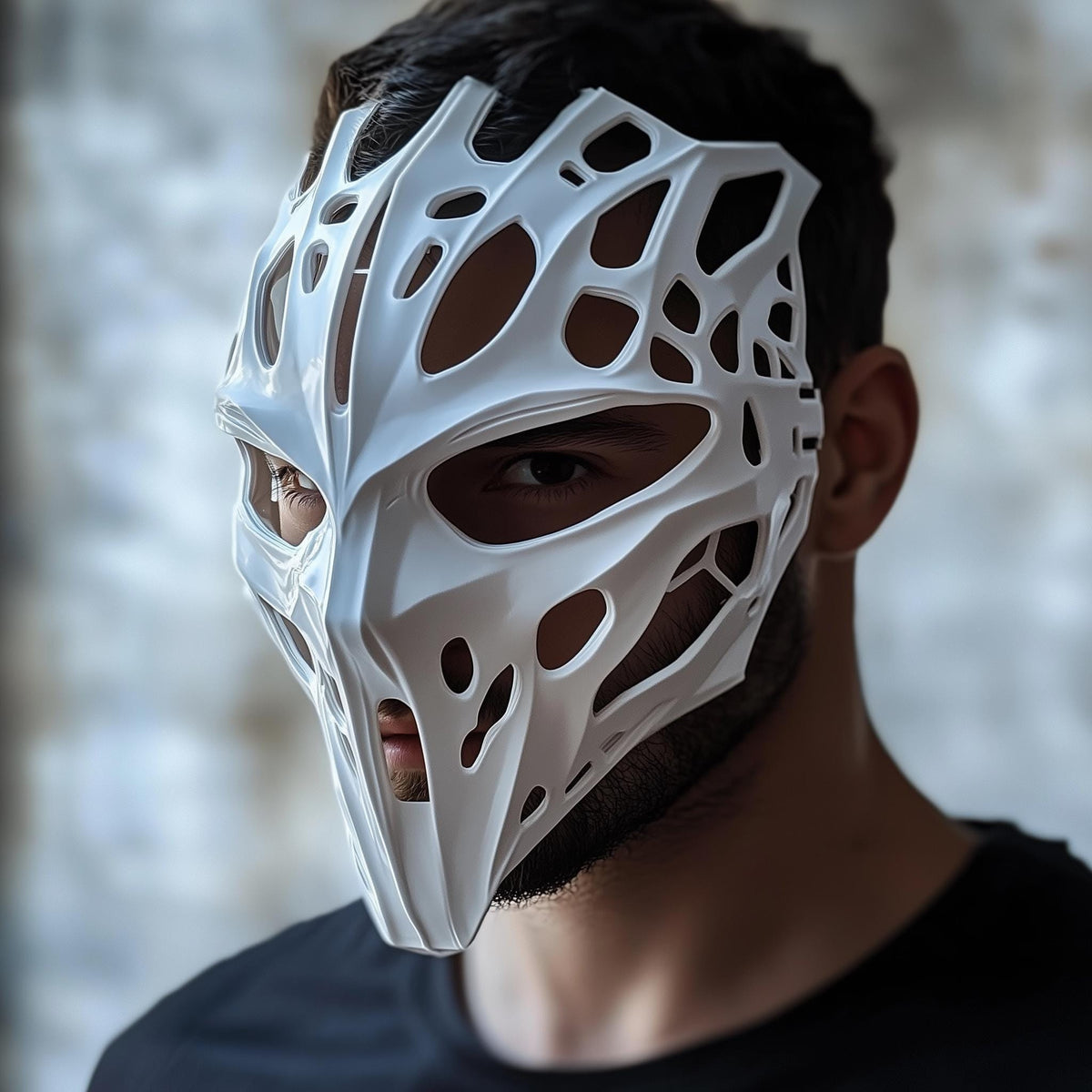 3D printed biomorphic cyberpunk mask with organic skeletal openings and futuristic facial geometry.