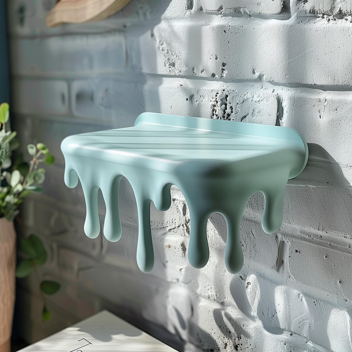 3D printed wall-mounted shelf with playful dripping "melting" design, matte pastel PLA surface.