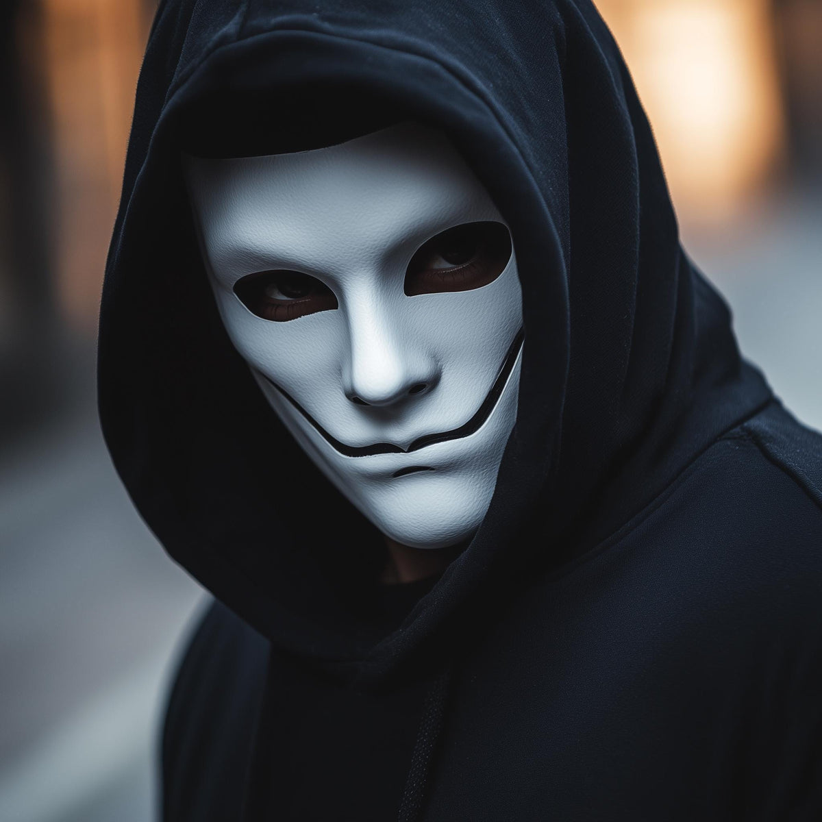 3D printed smiling phantom mask with a pale face, dark eye openings and an unsettling grin.