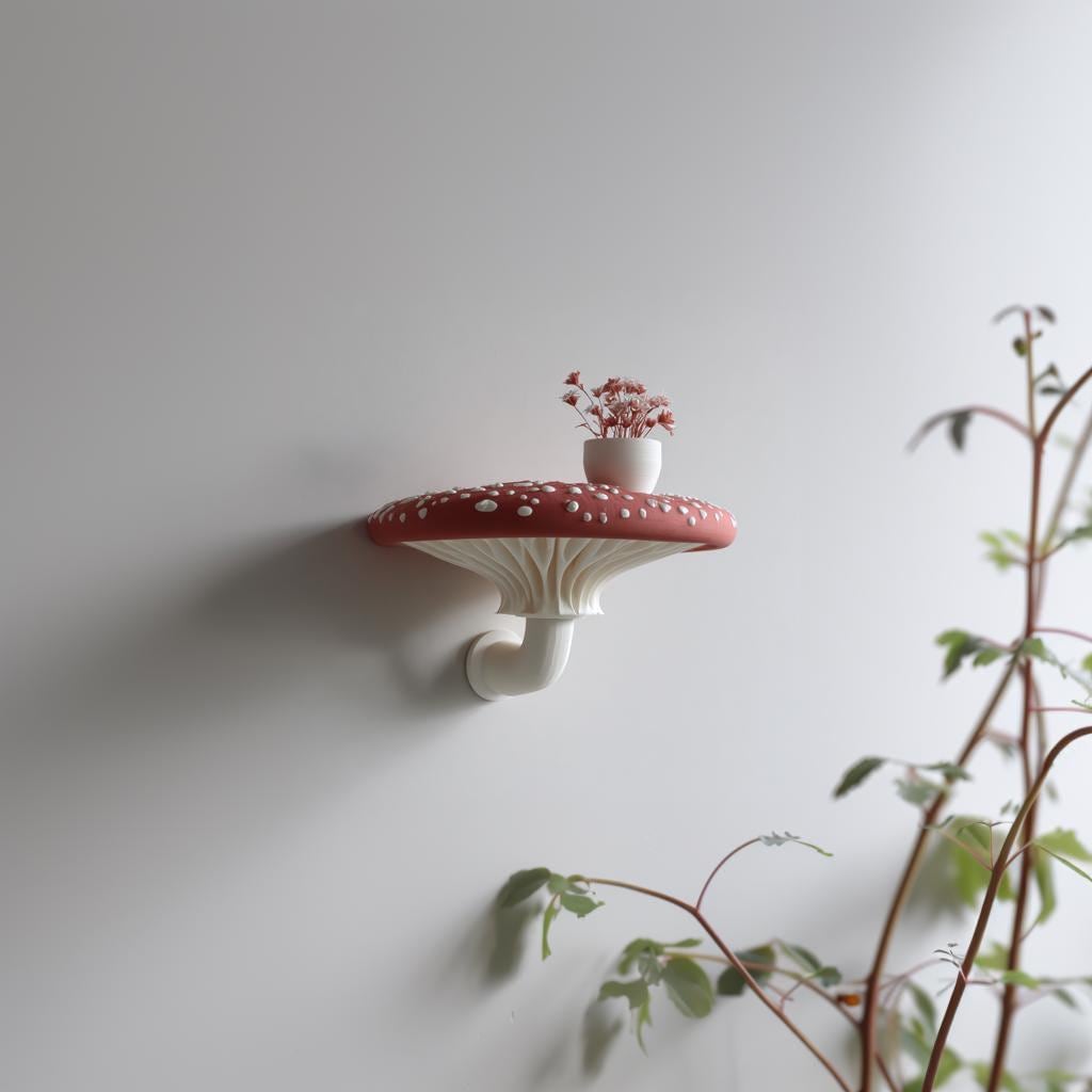 3D Printed Amanita Mushroom Wall Shelf shown in the product image.