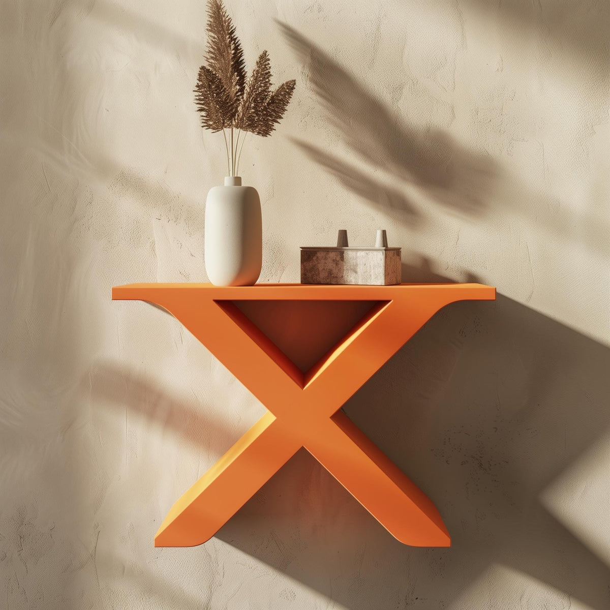 X-shaped geometric 3D printed wall shelf with a matte finish.