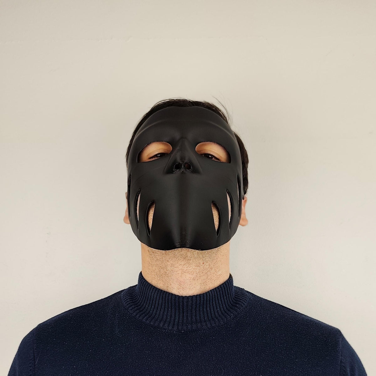 Product presentation view of 3D Printed Black Horror Cosplay Mask.