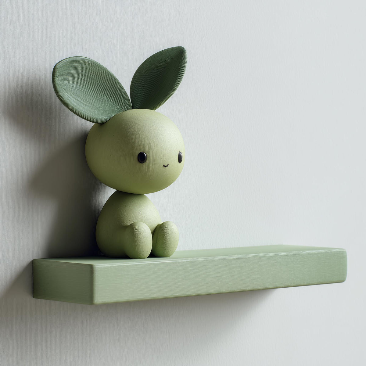 3D printed wall shelf with a small leaf-eared character sitting on a slim ledge.
