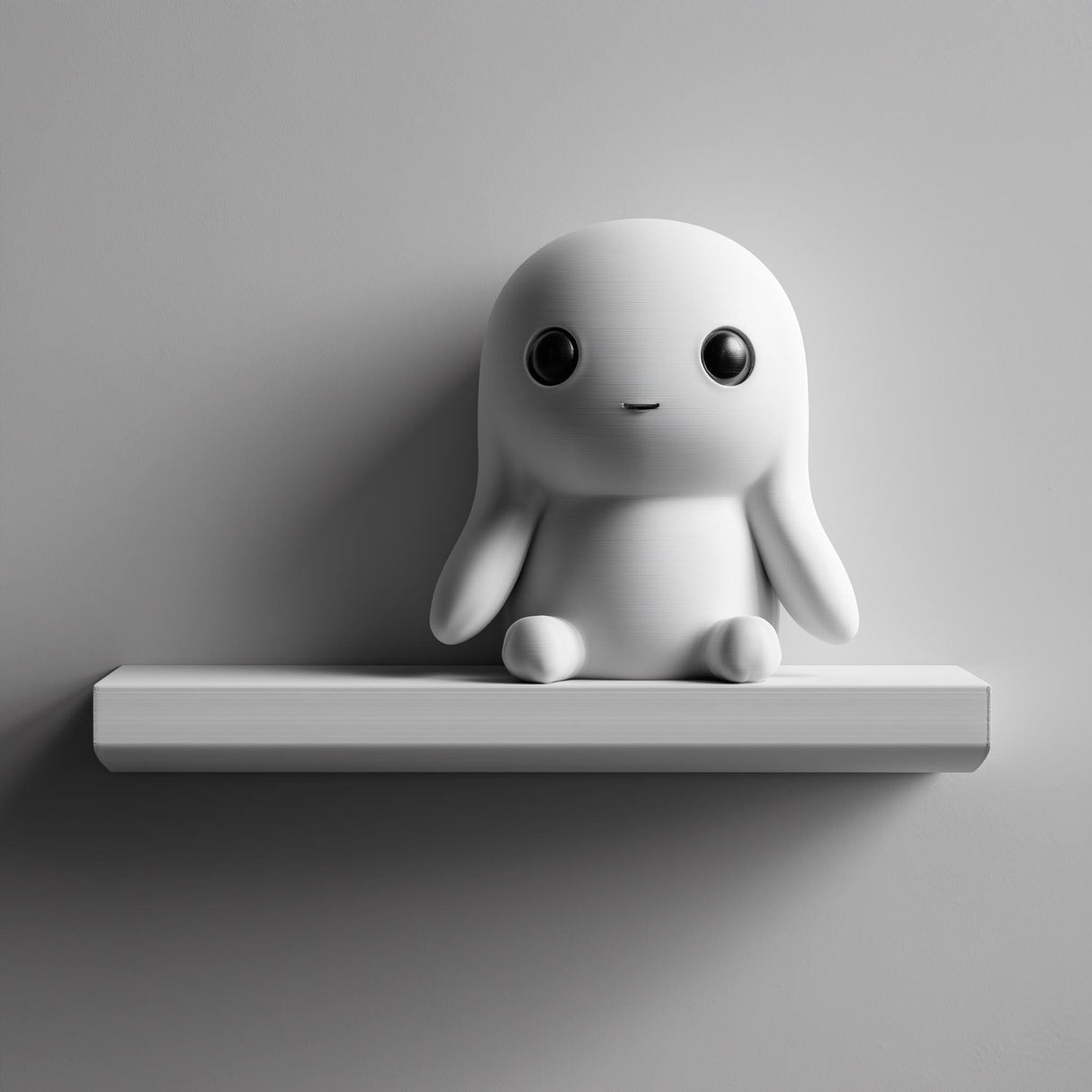 3D printed wall shelf with a seated bunny-like character on a slim ledge.