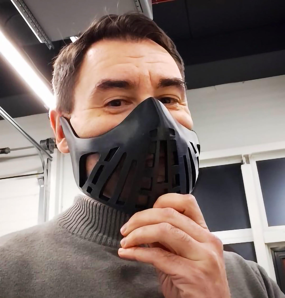 Product presentation view of 3D Printed Futuristic Warrior Face Mask.