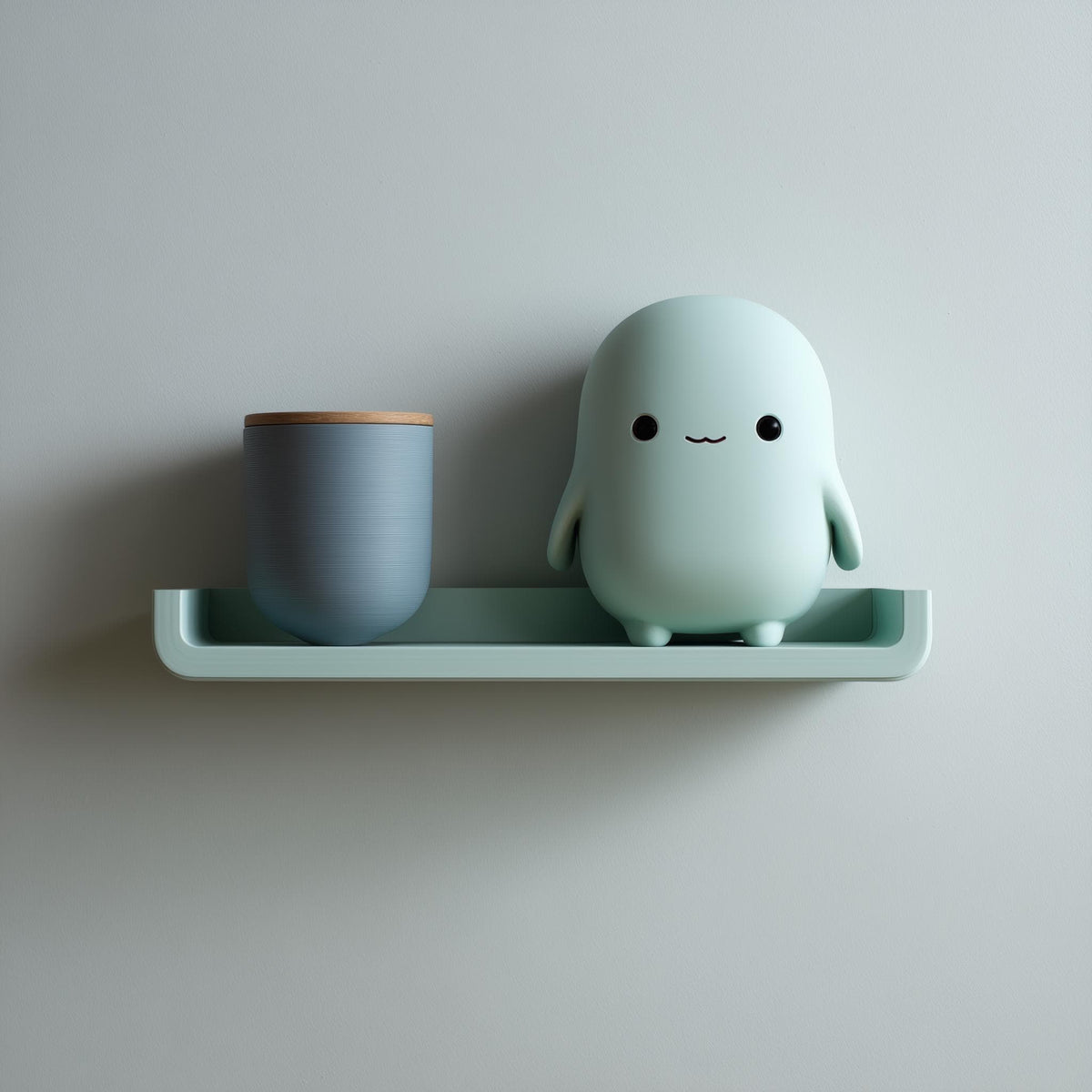 3D printed wall shelf with a slim rounded ledge holding a small blob-like character and a cup.
