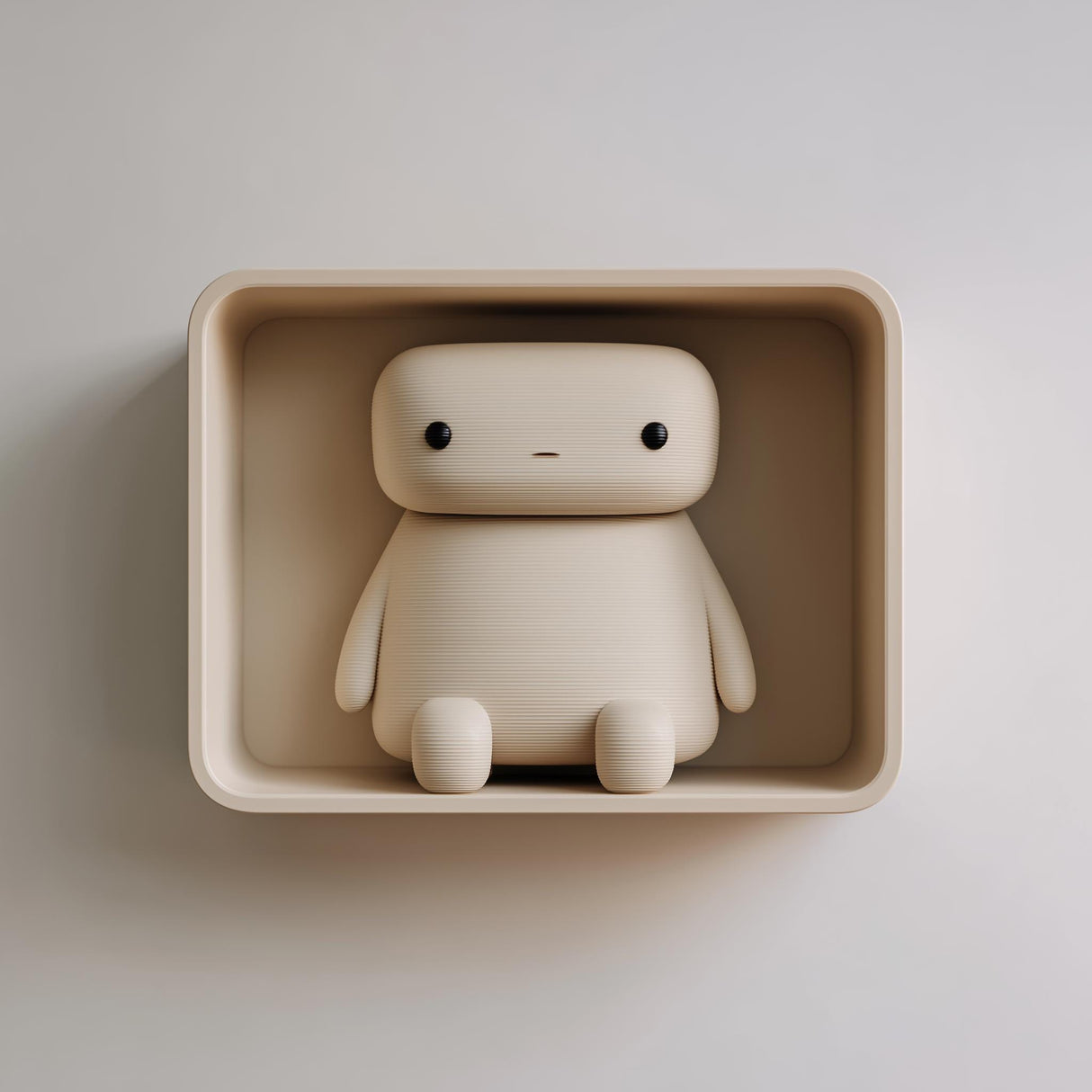 3D printed matte PLA wall niche with a rounded rectangular shelf and an integrated sitting character figure.