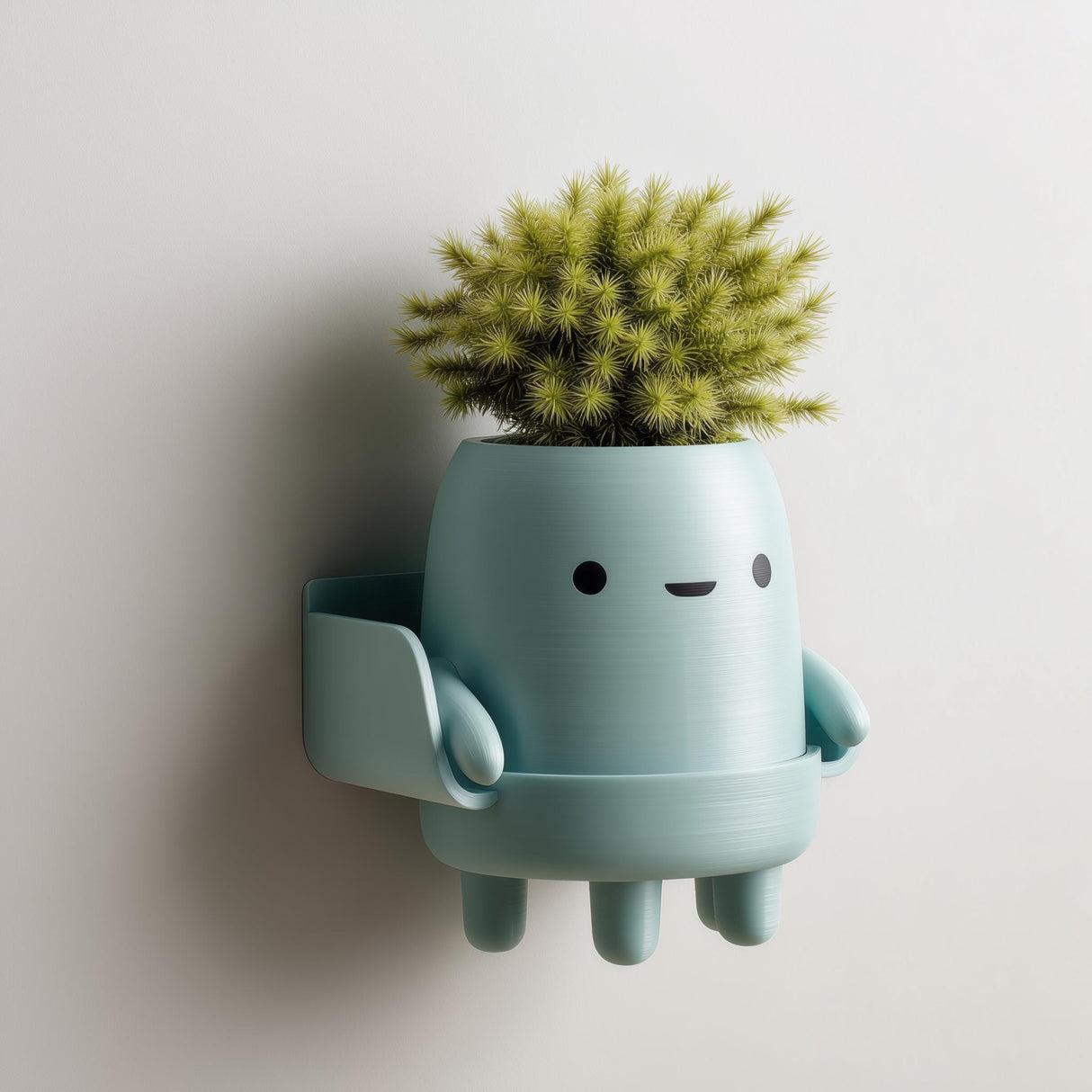 3D printed matte PLA wall planter shaped like a cute character with little legs.