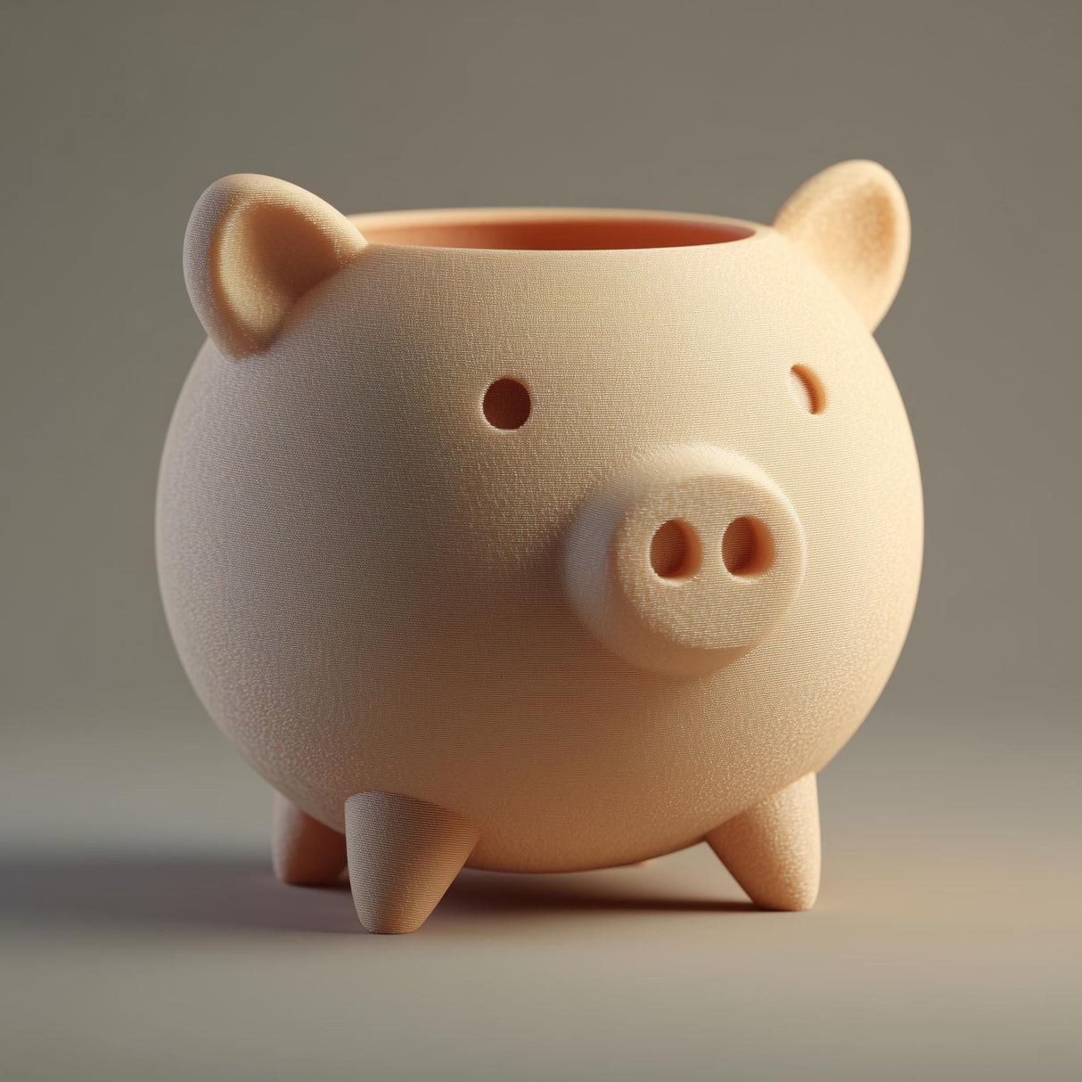 Small round pig-shaped planter with a matte 3D printed texture.