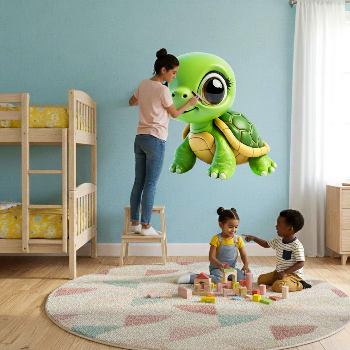 Cute green cartoon sea turtle wall decal for nursery decor