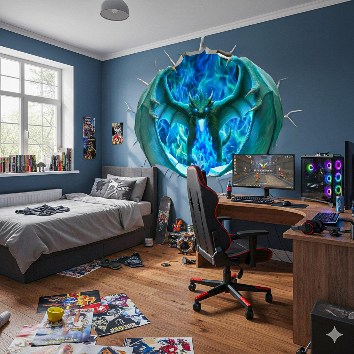 Product presentation view of 3D Blue Fire Dragon Wall Decal.