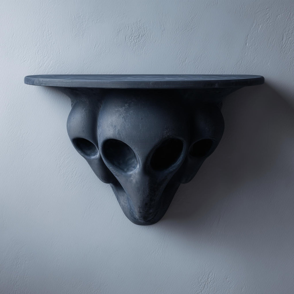 3D printed three-figure sci-fi wall shelf shown on a neutral background.