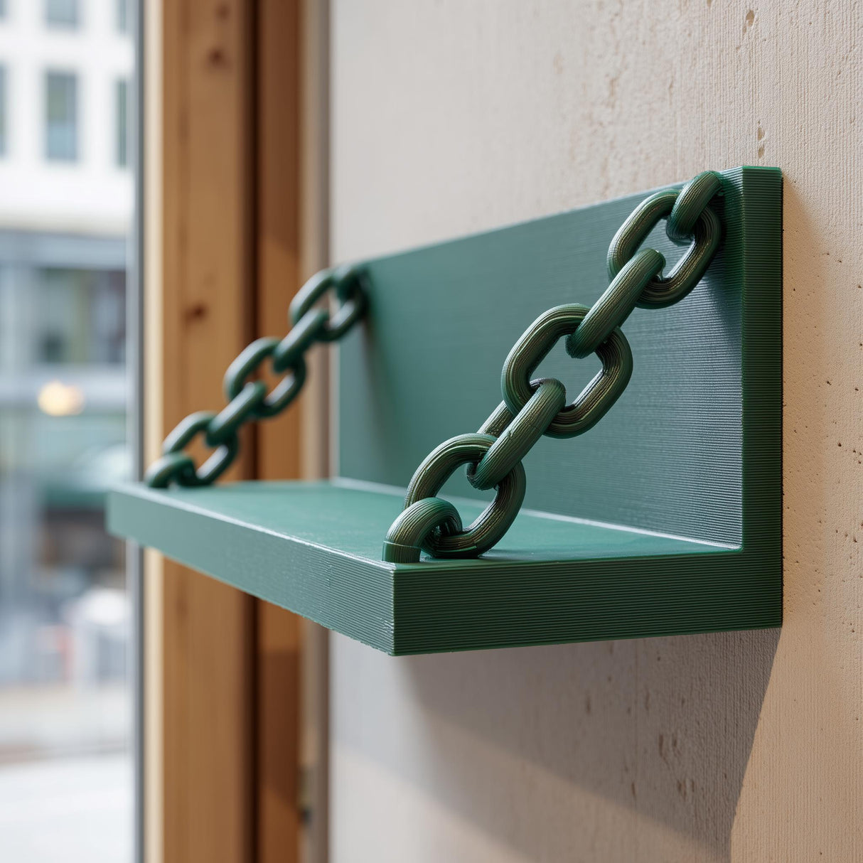3D printed matte green wall shelf with integrated chain supports.