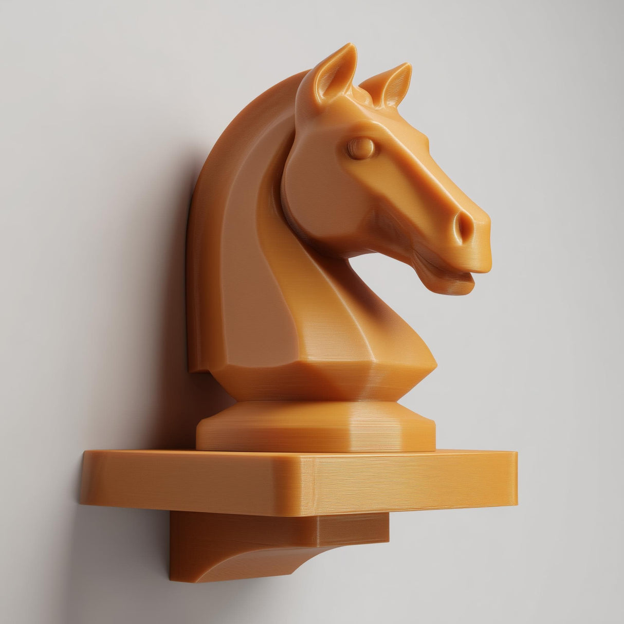 3D printed wall-mounted shelf featuring a chess knight horse head rising from a compact floating ledge.