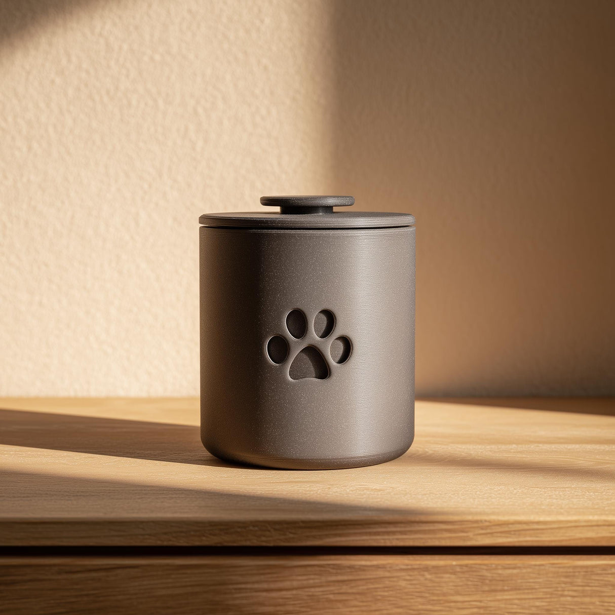3D printed cylindrical pet cremation urn with a minimalist paw cutout.