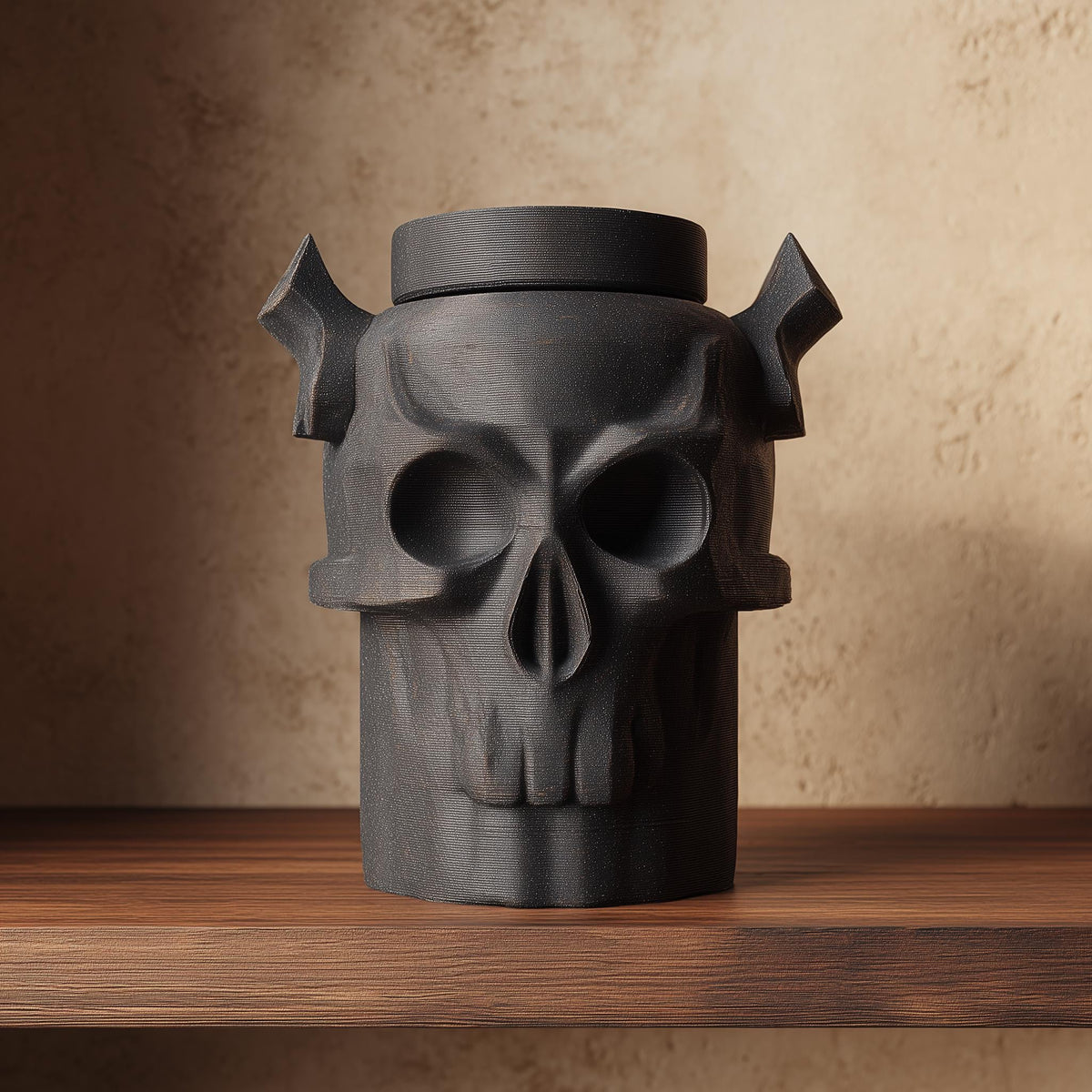 3D printed gothic skull pet memorial urn with horn-like details and removable lid