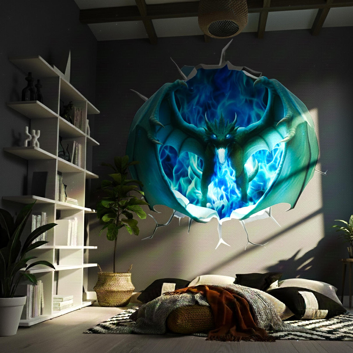 Product detail view of 3D Blue Fire Dragon Wall Decal.