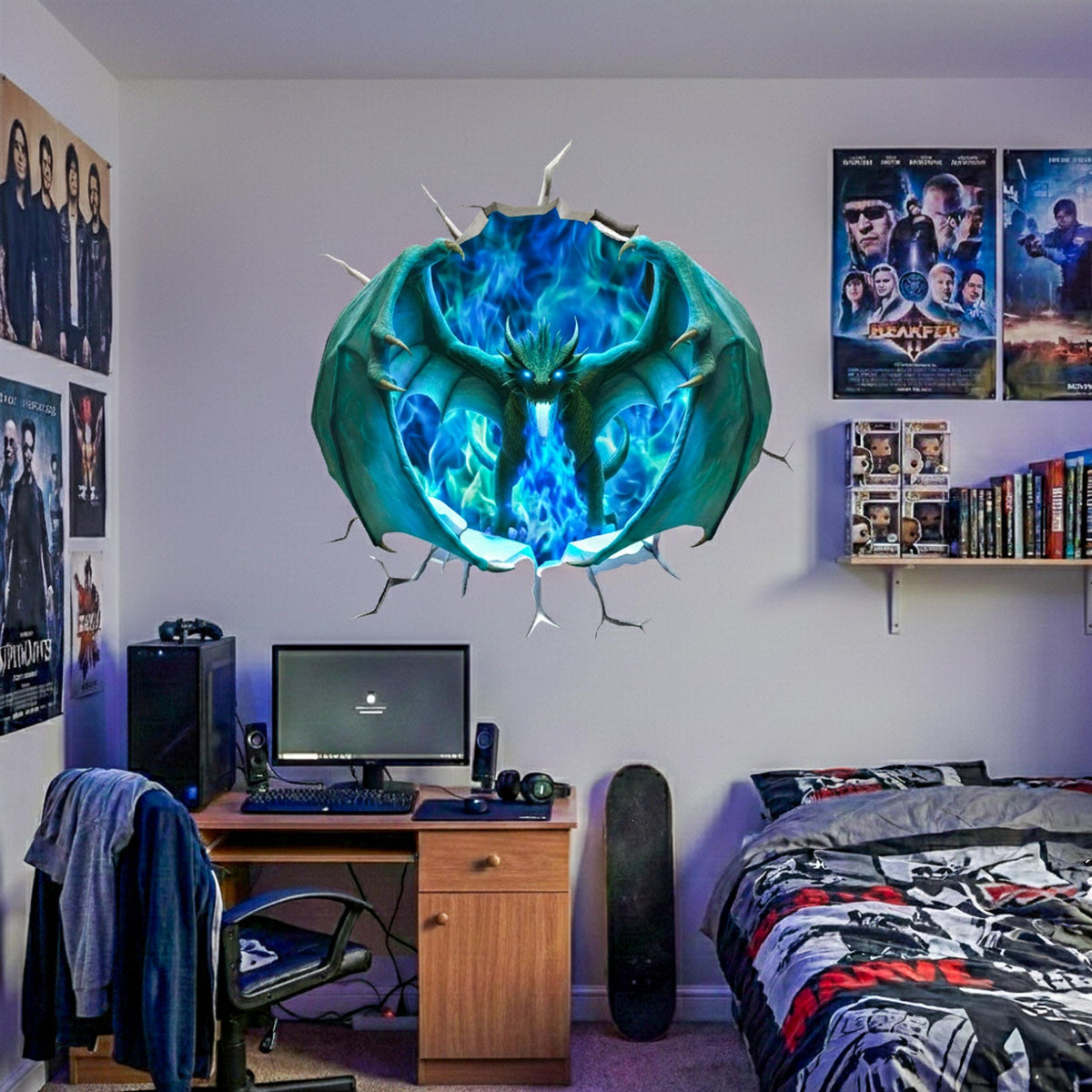 Product gallery view of 3D Blue Fire Dragon Wall Decal.