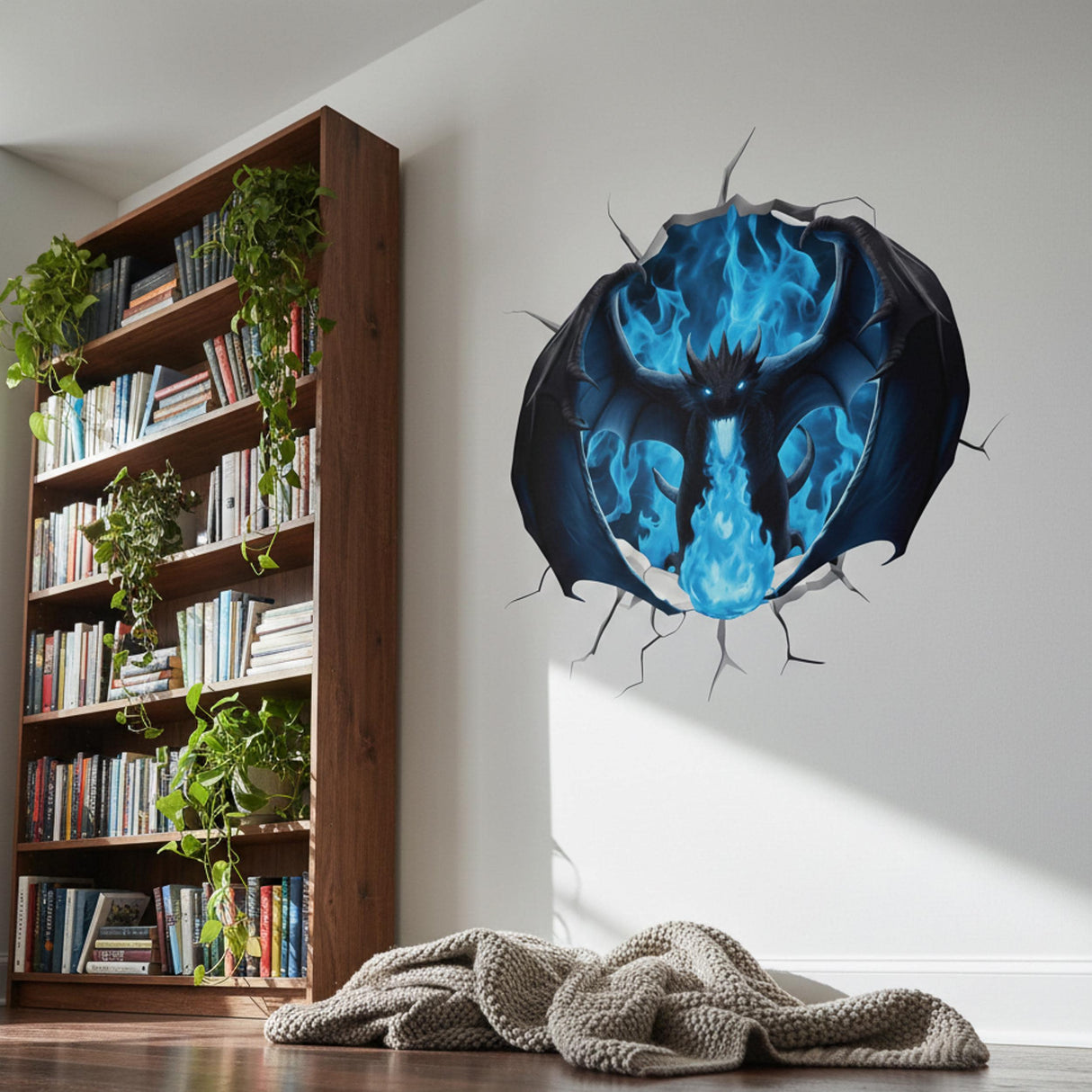 3D Blue Fire Dragon Wall Decal displayed in a room setting.