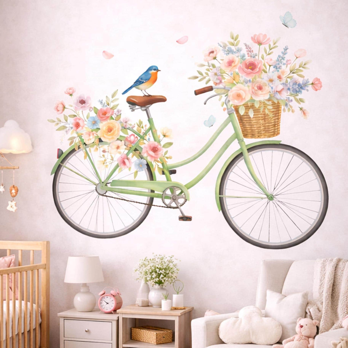 A watercolor illustration of a vintage mint-green bicycle on a white background.