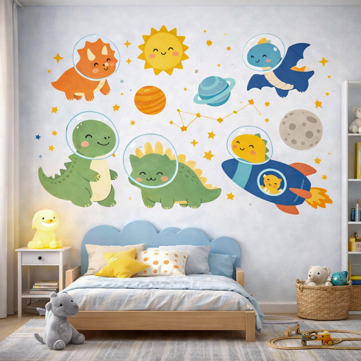 A collection of "Kawaii" style illustrations of dinosaurs in space on a white background.