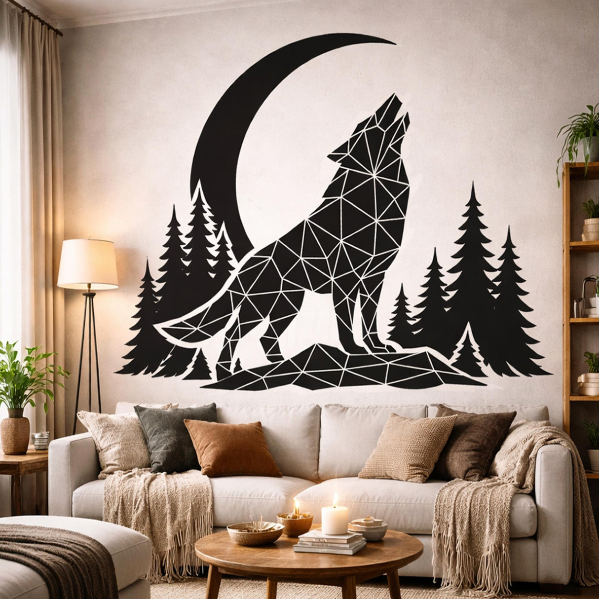 A black-and-white silhouette illustration of a wolf howling at a large crescent moon.