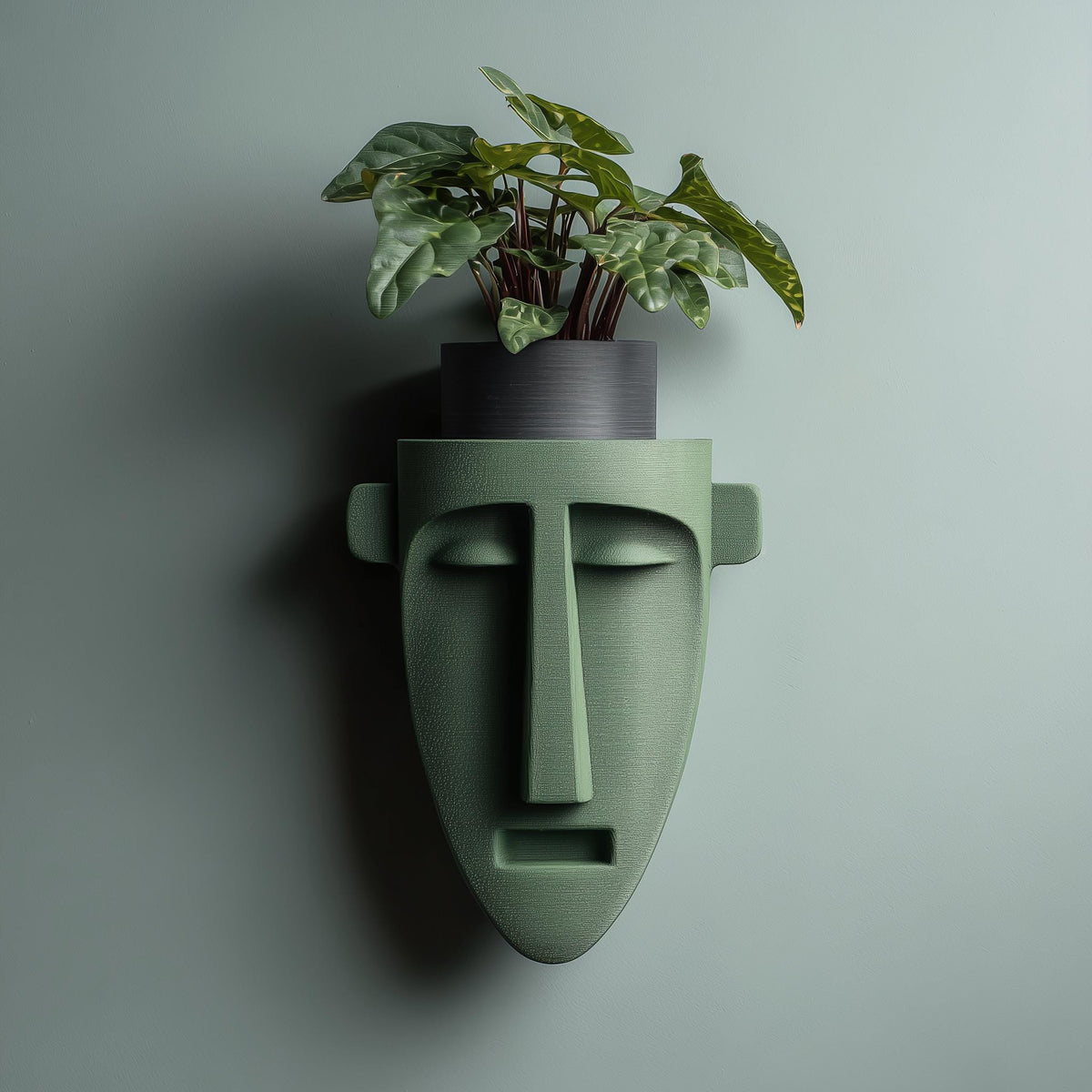 3D printed long abstract face wall shelf with integrated horizontal display platform