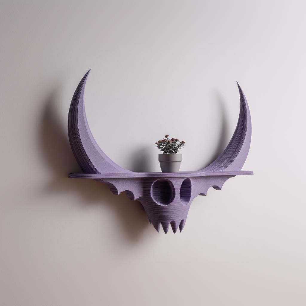 Horned fantasy figure wall shelf displayed from another angle.