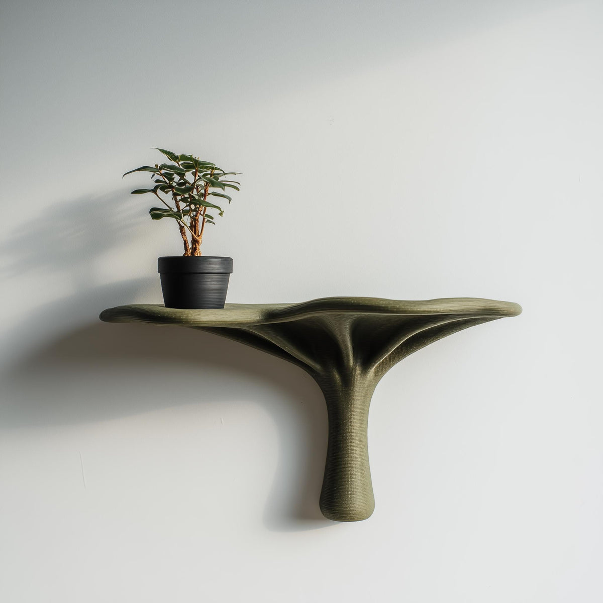 3D printed nature-inspired wall shelf with tree-like flowing support and wide ledge