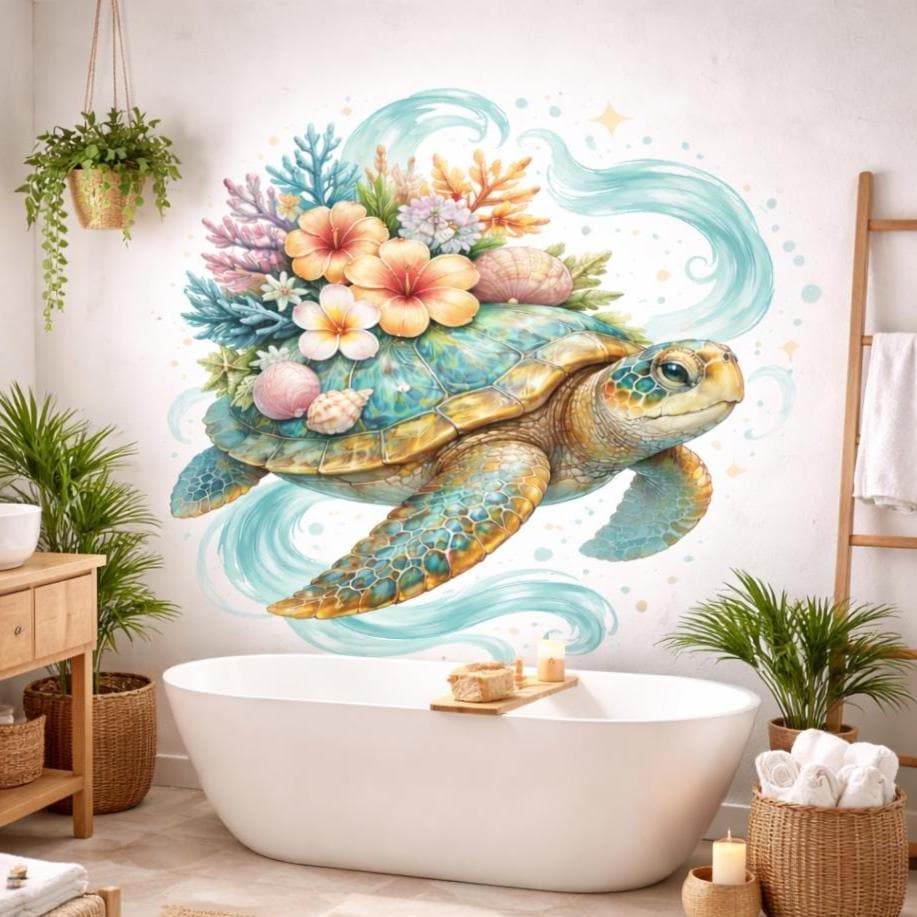 A vibrant watercolor-style vinyl wall decal of a sea turtle on a white background.