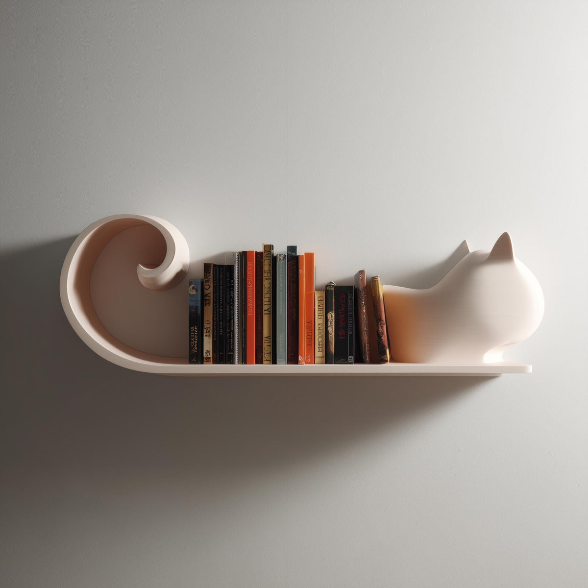 3D printed cat-shaped wall shelf with smooth feline form and display ledge