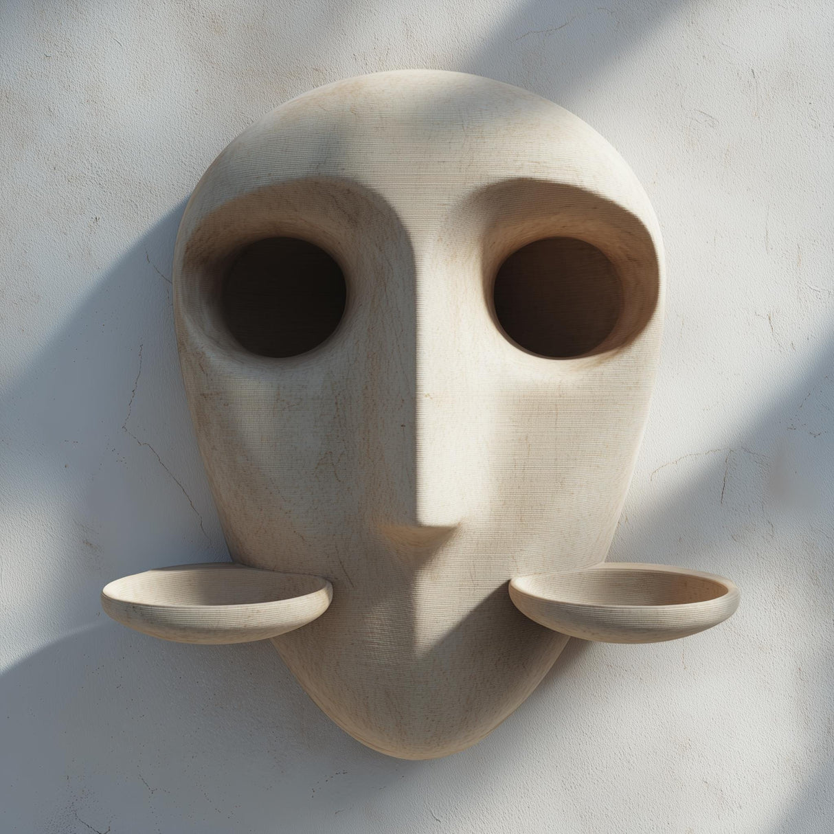3D printed abstract face wall shelf with two removable cup-shaped display platforms