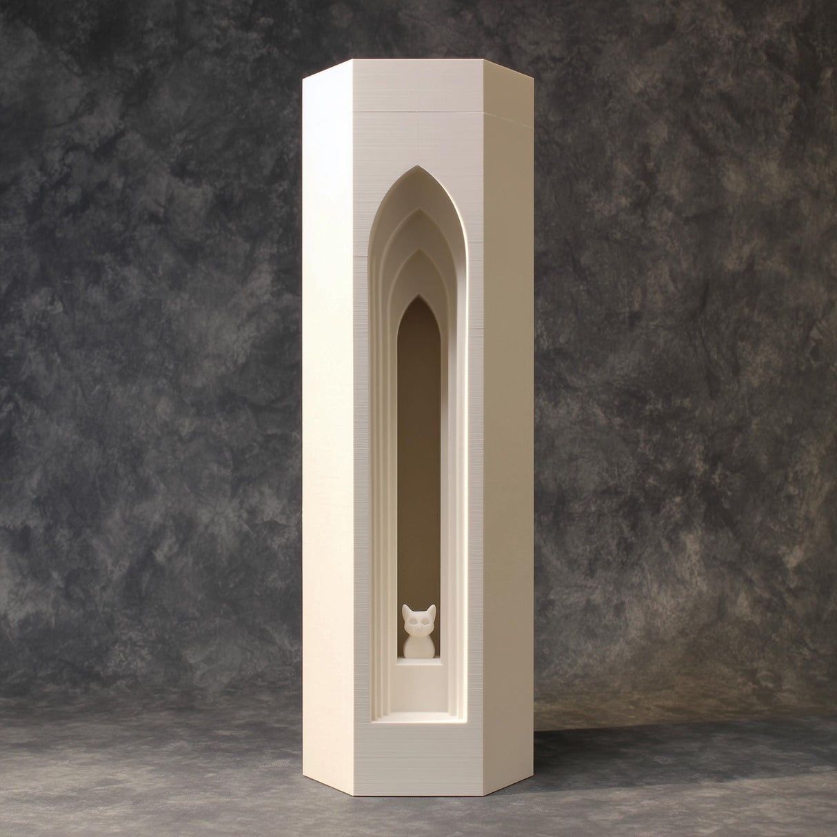 3D printed gothic cat tower memorial urn with layered arch and recessed cat detail